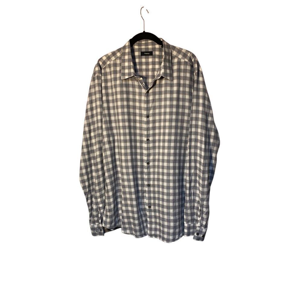 Theory men’s gray checkered down 100% cotton shirt size XXL